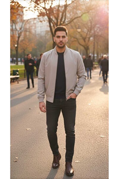 ANTİOCHEİA Double-Sided (Dark Blue & Beige) Men's Seasonal Coat with Ribbed Bottom and Sleeves and Zippered Hakim Collar