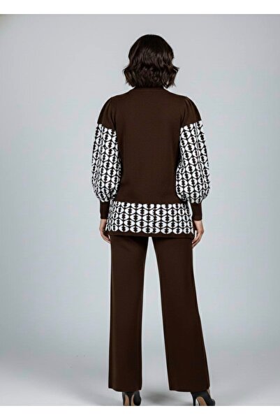 YusGos Women's Geometric Patterned Bottom Top Pants Sweater Knitwear Set