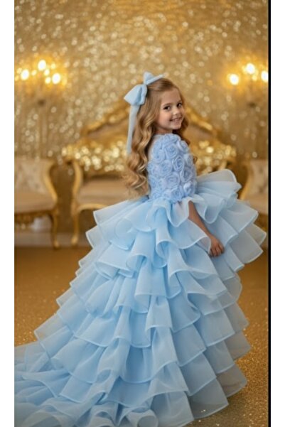 Luneria Dress Ros 3D güllü kat kat kuyruklu kız çocuk abiye mezuniyet elbisesi