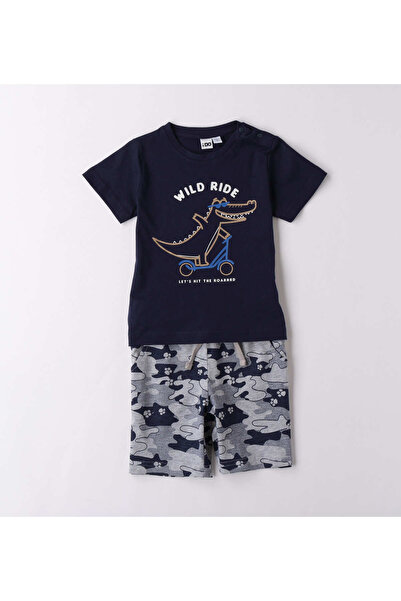 İDO - Cotton T-shirt and shorts set with print, Orange / Royal Blue, 128 CM