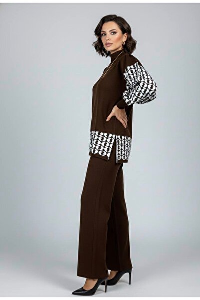 YusGos Women's Geometric Patterned Bottom Top Pants Sweater Knitwear Set