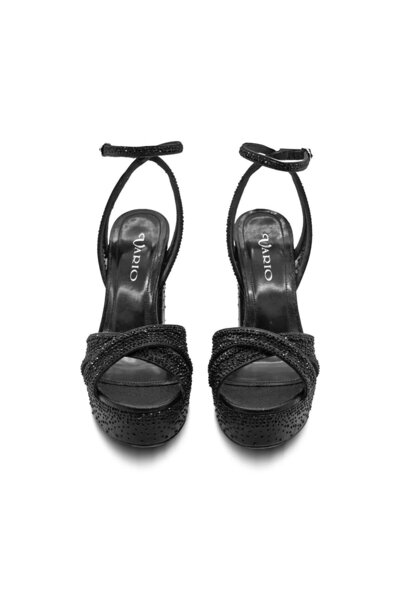 Vario Stone Detailed Platform Heeled Ankle Strap Shoes V07 Black Satin Stone (Black Satin Stone)