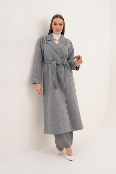 Pinpery Gray Belted Lined Wool Long Cashmere Coat