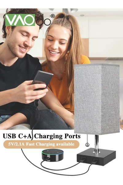 VAODO Bedside Table Lamp with 3 Color Temperatures 3000/4000/5000K Small Lamp with USB C+A Ports Nightstan