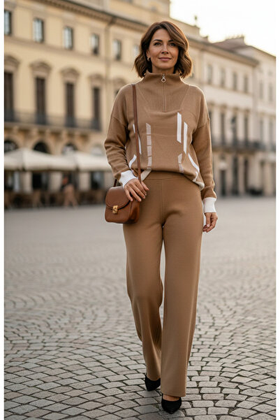 YusGos Women's Vertical Stripe Patterned Zippered Collar Bottom Top Pants Sweater Knitwear Set