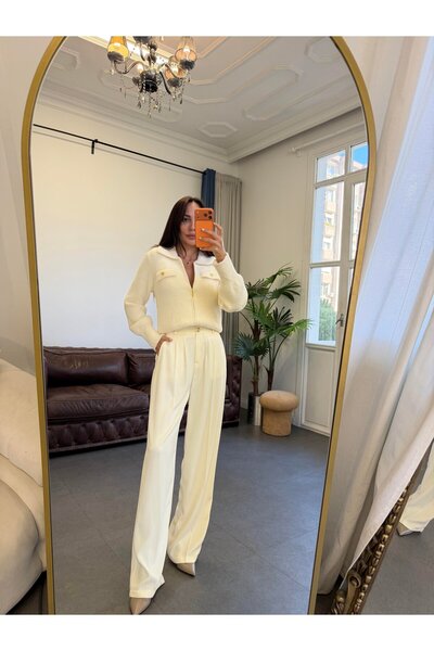 NEWCO Rita Gold Detail Polo Neck Soft Textured Angora Cardigan Stone