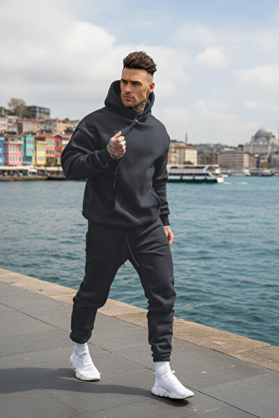 YAKAMEL Men's Hooded Waist High Winter Fleece-Lined Baggy Wide Cut Tracksuit Set