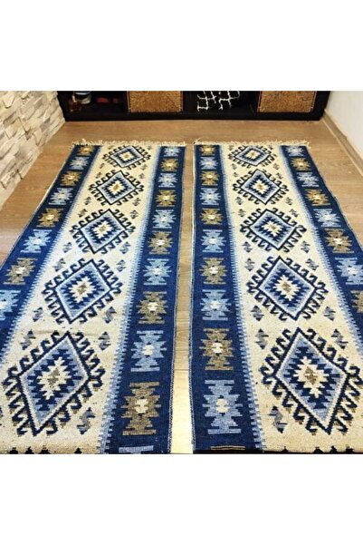 OEM 1+1 Traditional double-sided rugs, jute, size 60 x 180 cm, blue and cream, ROMB pattern