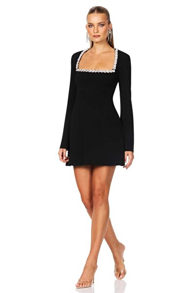 elissaa KARE YAKA TAŞ DETAYLI MİNİ KREP ELBİSE