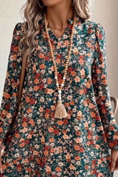 Mossta Φόρεμα με λαιμόκοψη σε σχήμα V με μακρύ μανίκι, άνετο κοντό φόρεμα με σχέδιο - με σχέδιο