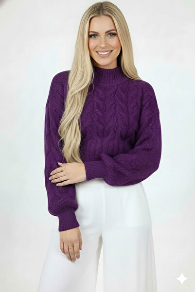 Millionaire Women's Purple Thick Hair Knit Half Turtleneck Crop Knitwear Sweater