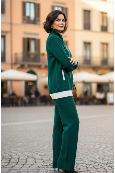 YusGos Women's Vertical Stripe Patterned Zippered Collar Bottom Top Pants Sweater Knitwear Set