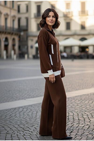 YusGos Women's Vertical Stripe Patterned Zippered Collar Bottom Top Pants Sweater Knitwear Set