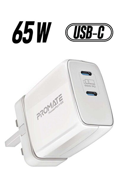 Promate iPhone 15 Charger, 65W GaNFast Dual USB-C Power Delivery Adapter (White)