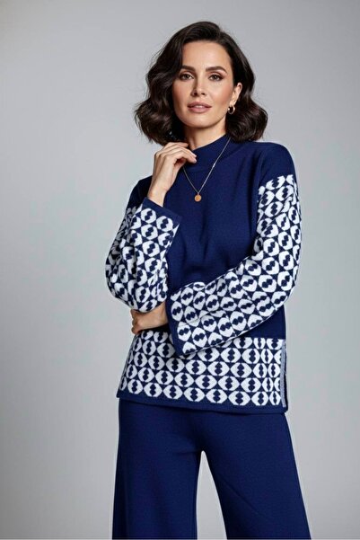 YusGos Women's Geometric Patterned Bottom Top Pants Sweater Knitwear Set