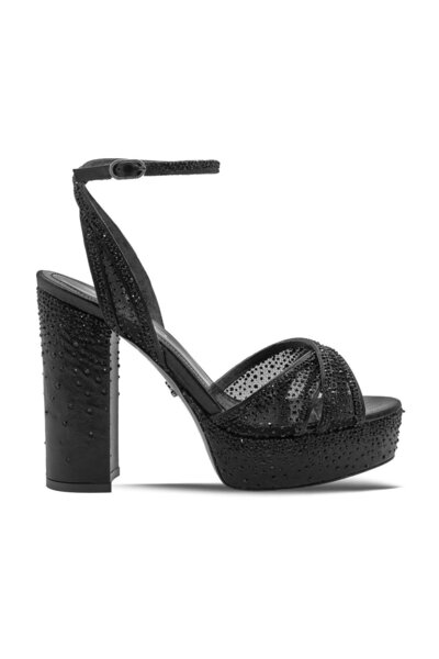 Vario Stone Detailed Platform Heeled Ankle Strap Shoes V07 Black Satin Stone (Black Satin Stone)