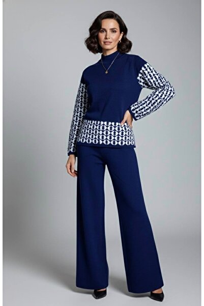 YusGos Women's Geometric Patterned Bottom Top Pants Sweater Knitwear Set