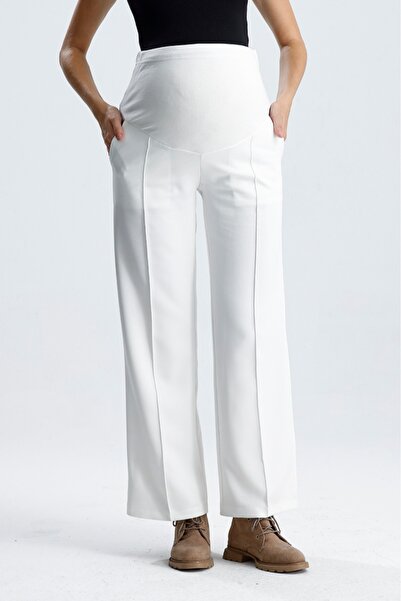 KATLİN MATERNİTY WEAR Maternity Wide Leg Adjustable Waist Fabric White Pants with Front Seam Detail