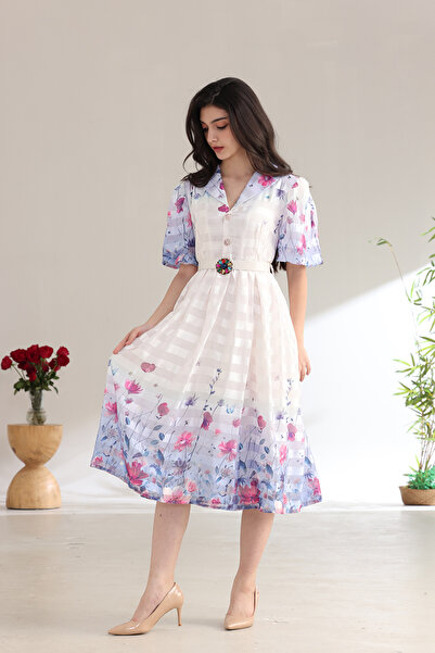 Verona Trading Company Striped chiffon midi dress with soft floral prints, puff sleeves, classic collar, and front buttons – elegant design