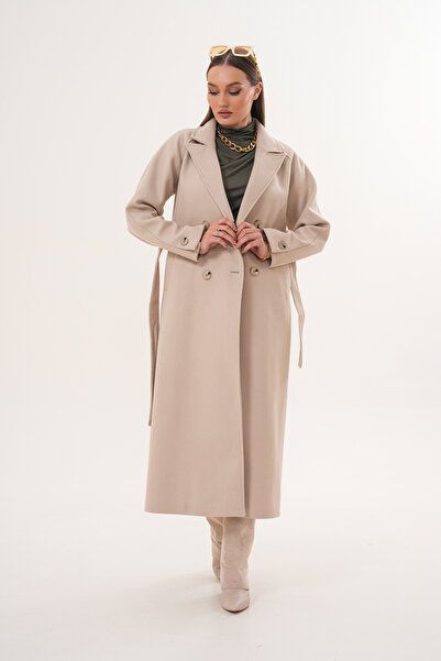 Pinpery Palton lung din lână căptușit cu centură crem