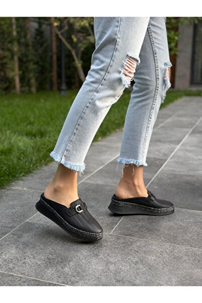 DİVA Μαύρο Δερμάτινο Ορθοπεδικό Με αγκράφα Γυναικείο Casual Παντόφλες