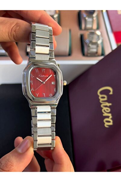 catera Limited-time offer: Men's stainless steel watch with a burgundy and silver dial, yellow dial, and Arabic numerals.