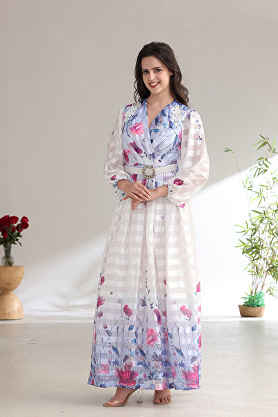 Verona Trading Company Striped chiffon maxi dress with a delicate floral print and embellished belt – elegant design with sheer sleeves and a wrap-style bodice