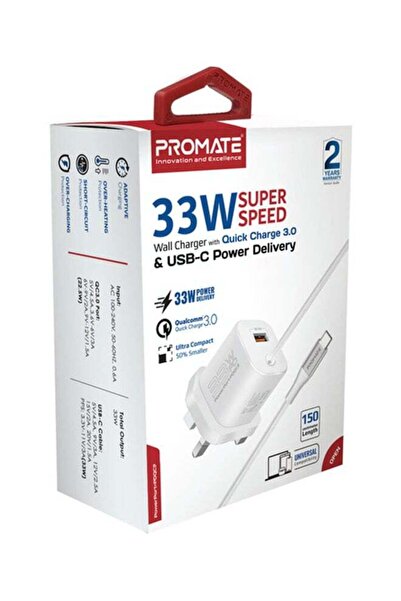 Promate USB-C Charger 33W Power Delivery Wall Adapter with 22.5W Quick Charge & 1.5M Built-in Type-C