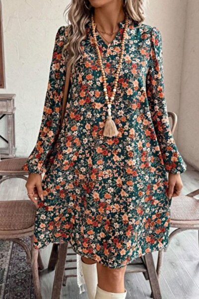 Mossta Φόρεμα με λαιμόκοψη σε σχήμα V με μακρύ μανίκι, άνετο κοντό φόρεμα με σχέδιο - με σχέδιο