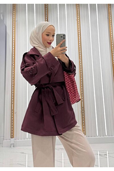 QUMRU Kadın Kuşaklı Süet Kısa Bordo Trençkot