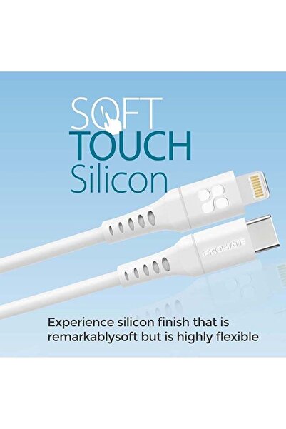 Promate 20W Power Delivery Ultra-Fast USB-C to Lightning Soft Silicone Cable - White, 2m