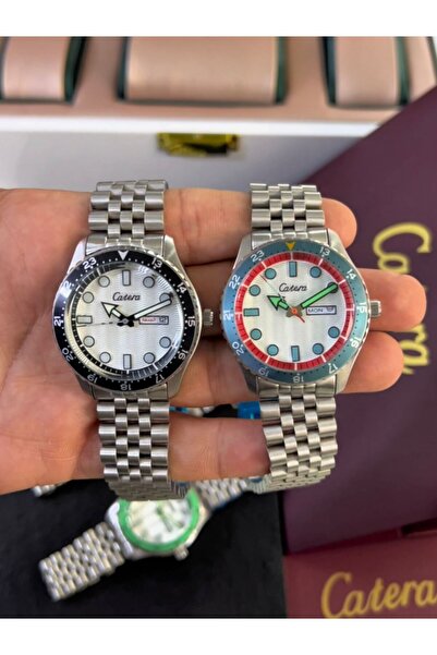 catera Limited-time offer: Men's watches with a silver steel strap, black and silver bezel, and a sky-blue frame.