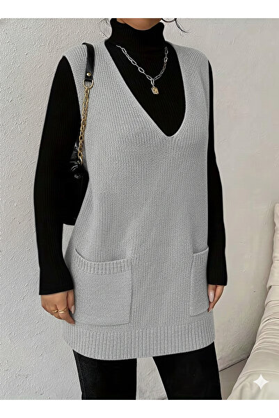 MaxiMor Women's Deep V-Neck Pocketed Knitwear Sweater Vest Pullover Loose Fit Smlxl Size Compatible Length 85 cm