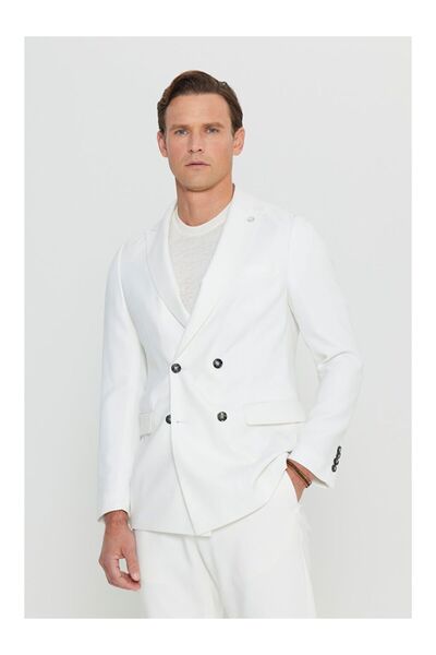 LC Waikiki Men's Ecru Slim Fit Slim Fit Swallow Collar Blazer Jacket with Fla...