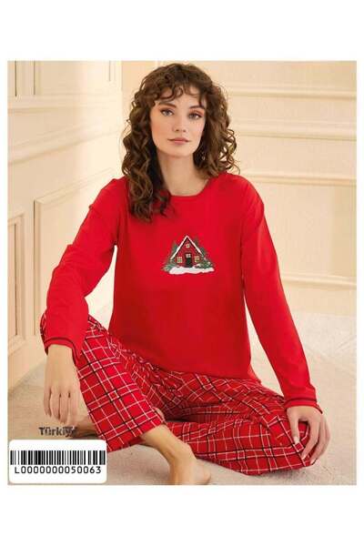 Mihra Kırmızı Renkli Pamuklu Sıfır Yaka Uzun Kollu Kadın Pijama Takımı