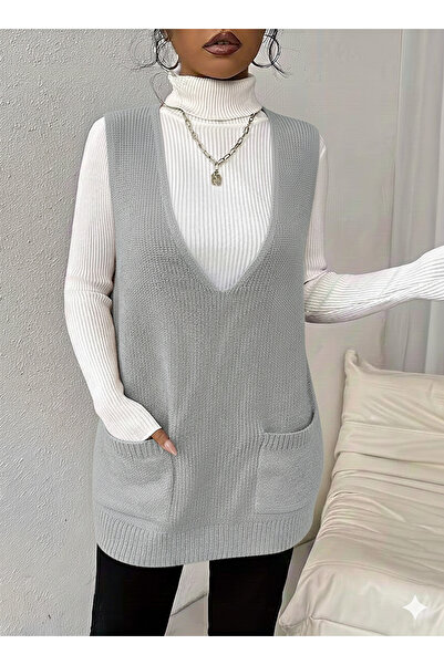 MaxiMor Women's Deep V-Neck Pocketed Knitwear Sweater Vest Pullover Loose Fit Smlxl Size Compatible Length 85 cm
