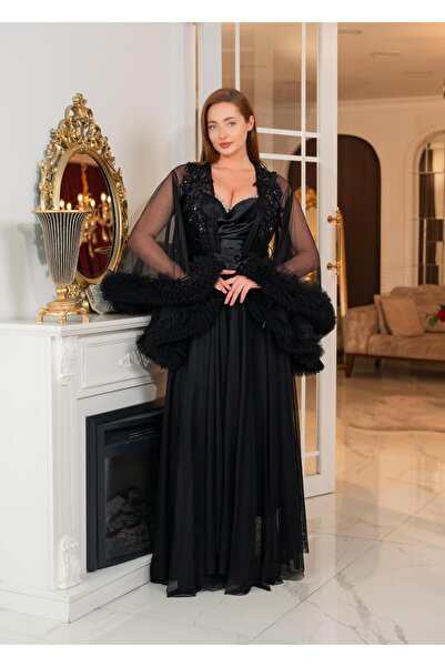 Limas lingerie روب صباحي طويل من قطعتين بتصميم خاص مع تفاصيل من الدانتيل والأ...