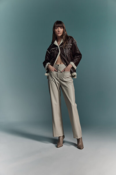 AtölyeNo:6 Leras Bej Vegan Deri Pantolon