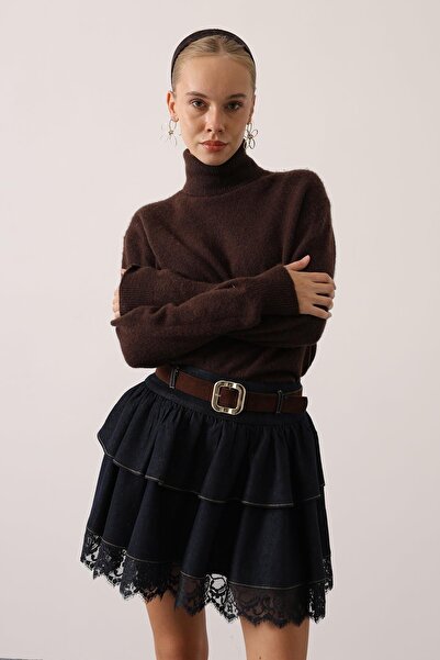 cemo Layered Denim Mini Skirt with Belt and Lace Detail