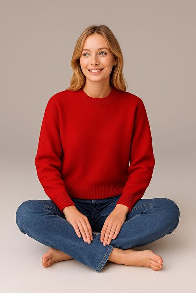 YUGA KNİTTİNG Oversize Fit Soft Textured Circular Neck Basic Knitwear Women's Sweater