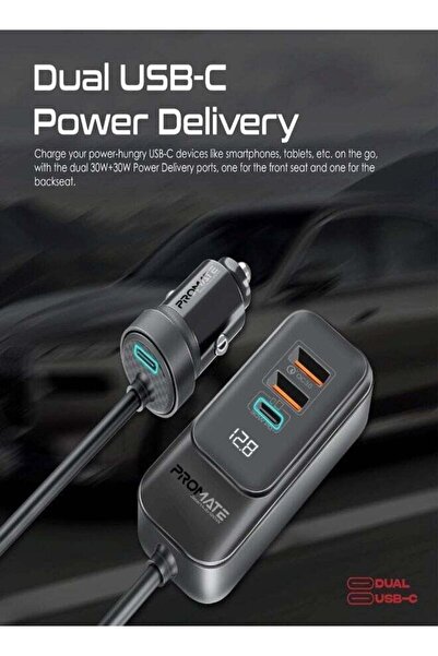 Promate GearHub-120W Car Charger – 120W Dual USB-C PD & USB-A, 1.5m Backseat Hub (Black)