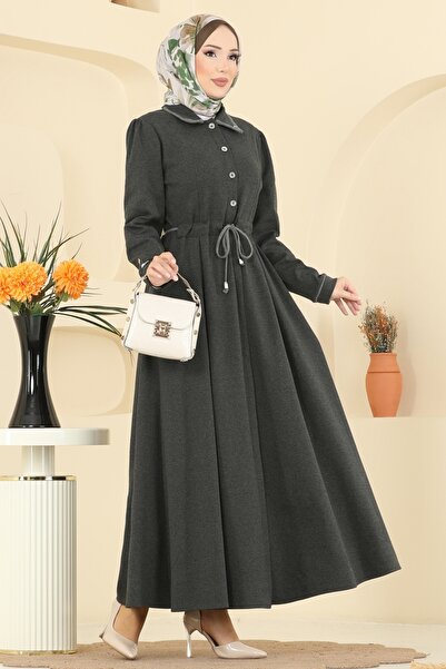 ModaMerve Düğme Detaylı Tivit Ferace PL9183-MS Haki