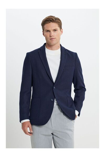 LC Waikiki Men's Navy Blue Wool Slim Fit Slim Fit Mono Collar Dobby Bag Pocke...