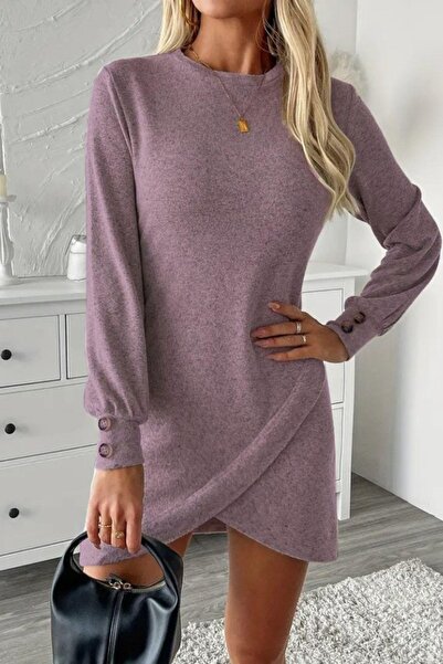 Mossta Μίνι μαλακό φόρεμα με μακρυμάνικο μπαλόνι με κουμπιά - ροζ