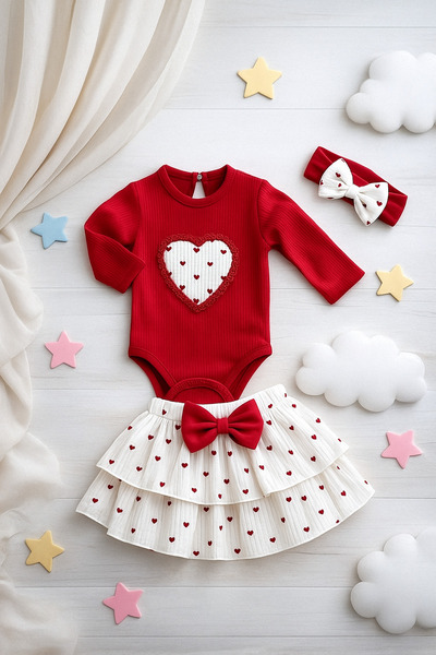 AKİ MODA KİDS Baby Girl Tiny Heart Detailed Skirted Bodysuit Bandana 3-Piece Baby Girl Set