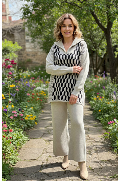 YusGos Women's Geometric Pattern Zipper Collar Bottom Top Pants Sweater Knitwear Set