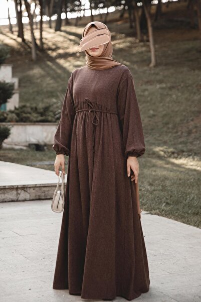 H HİJAB CENTER فستان روبلي بني قصة فضفاضة Nsr 5110