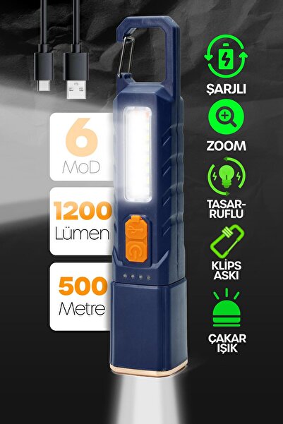 Venenon Şarjlı EL Feneri 6 MOD ZOOMLU Askılı Çakarlı COB LED Kamp Lambası Aci...