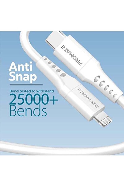 Promate 20W Power Delivery Ultra-Fast USB-C to Lightning Soft Silicone Cable - White, 2m