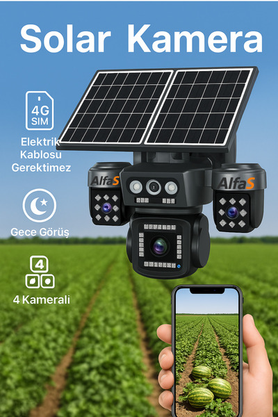 ALFAS 4G 4 Kameralı SIM Kartlı Elektriksiz Kablosuz Bahçe Depo Arazi İçin Çift Güneş Paneli Solar Kamera